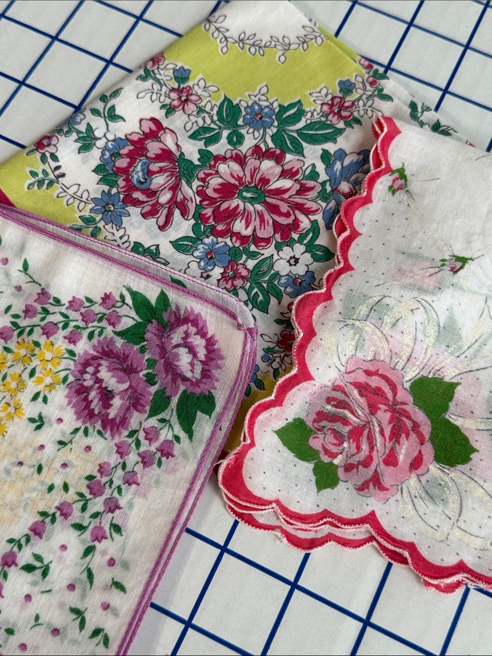 Lot of 3 Vintage Floral Cotton Handkerchiefs Pink Roses Cottagecore
